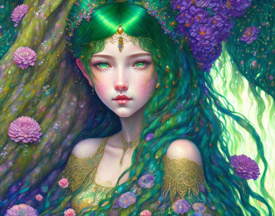 Digital artwork of mystical female with green hair and purple flower adornments