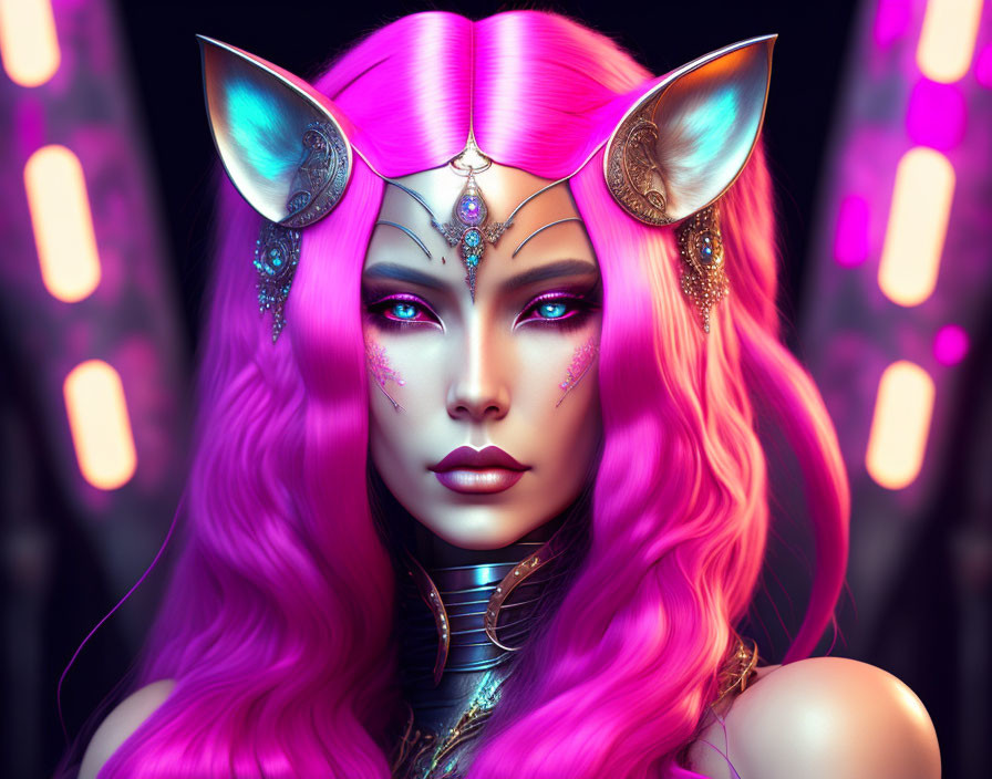 Digital Artwork: Woman with Pink Hair, Feline Ears, and Ornate Gold Embell