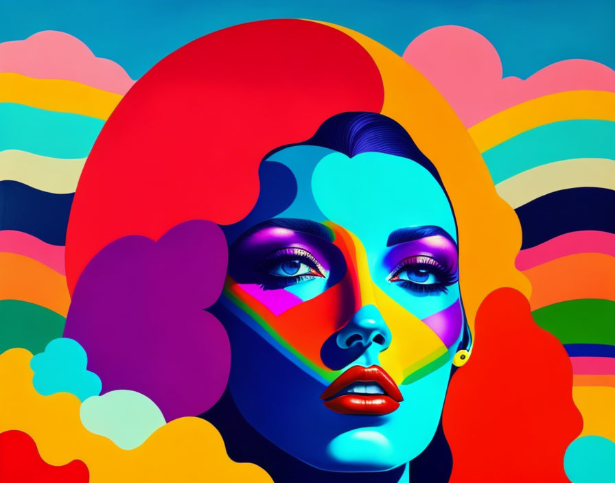 Vibrant digital illustration of woman's face with psychedelic background