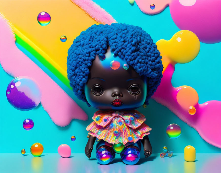 Blue-haired doll surrounded by bubbles and colorful shapes on gradient background