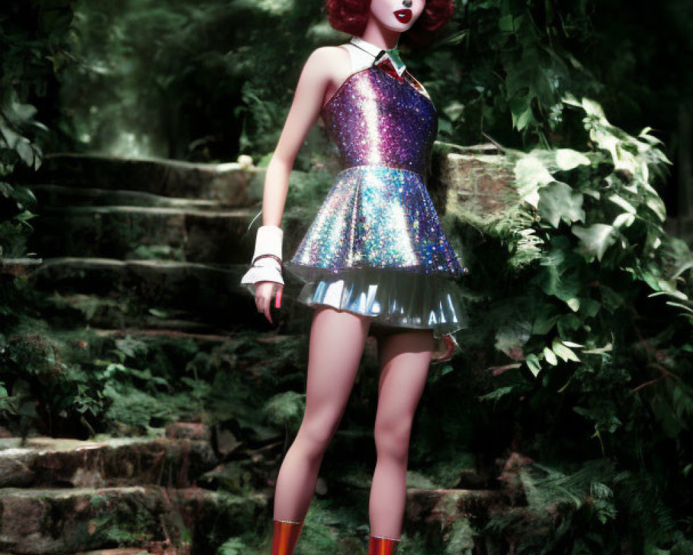 Red-haired person in glam makeup on mossy forest steps in sparkly purple dress