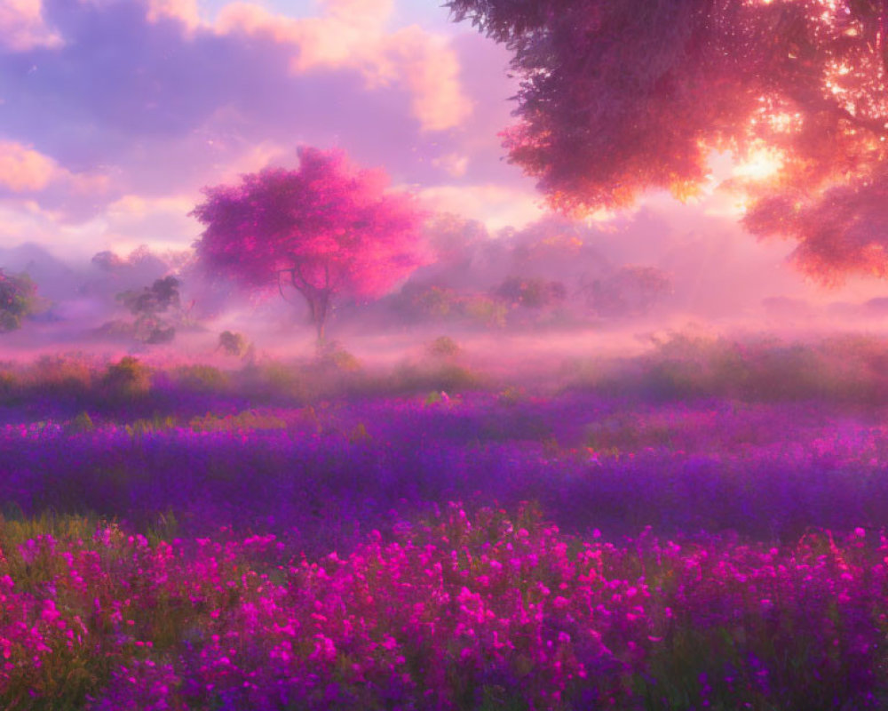 Lush Purple Flower Field at Sunrise with Misty Atmosphere