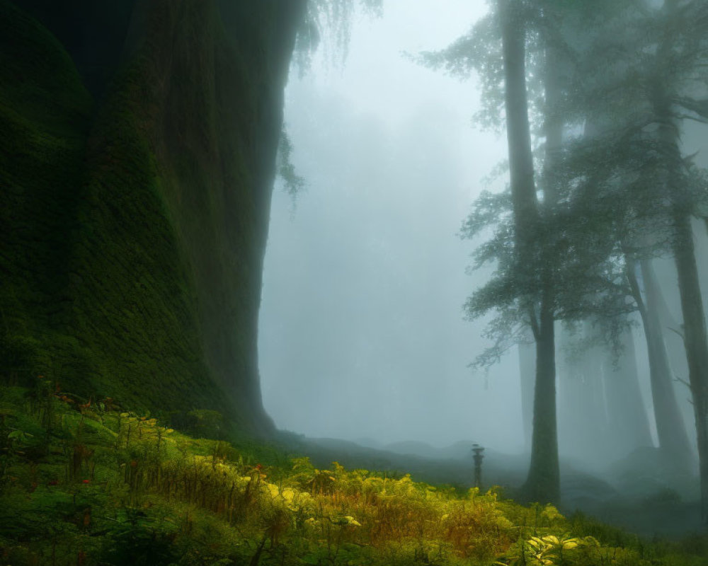 Sunlit Misty Forest Clearing with Green Ferns and Moss-covered Ground