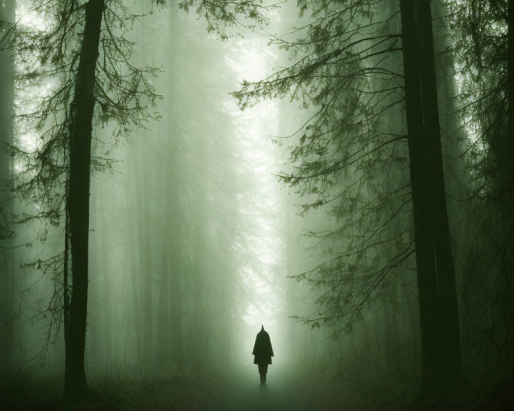 Solitary figure walking in foggy forest among towering trees