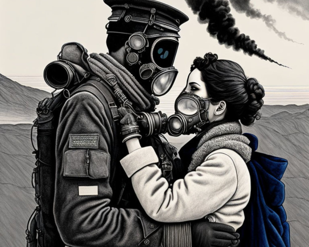 Vintage gas masks embrace in barren landscape with smoke plume
