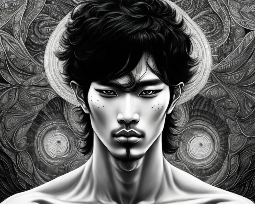 Monochromatic digital art of a man with styled hair and intricate background.