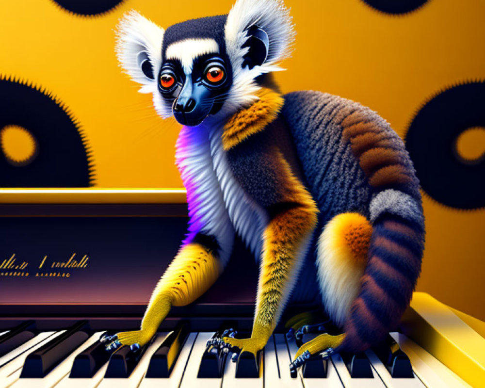 Colorful Lemur Sitting on Piano Playing Keys