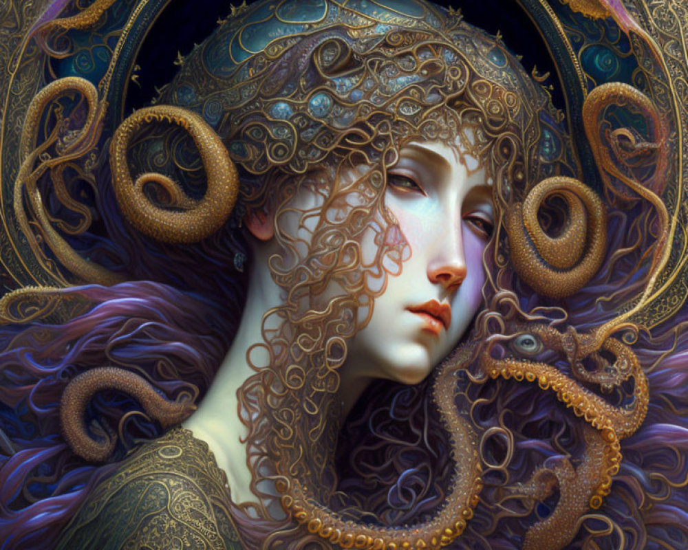 Fantasy artwork of woman with golden headdress and serpentine shapes in ornate setting
