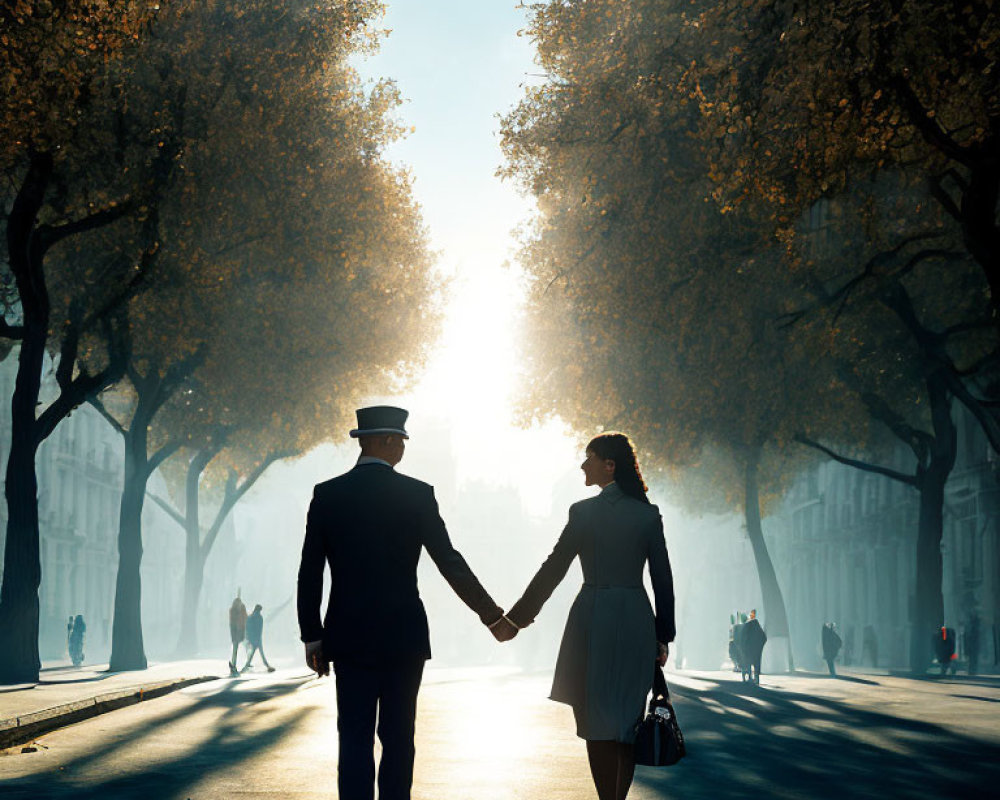 Silhouetted couple walking on tree-lined avenue under sunlight