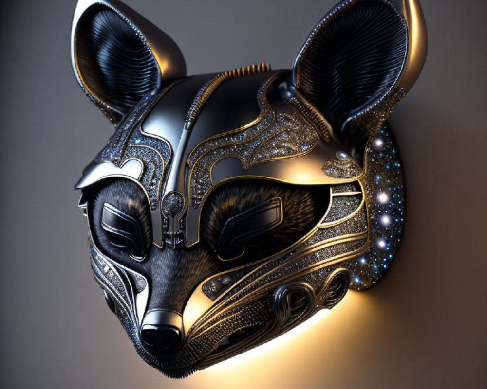 Intricate Metallic Wolf Mask with Glowing Blue Accents