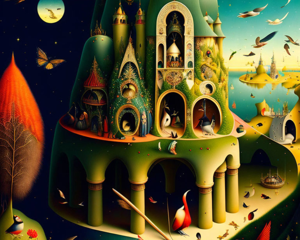 Colorful Illustration of Ornate Castle with Birds, Trees, and Celestial Elements