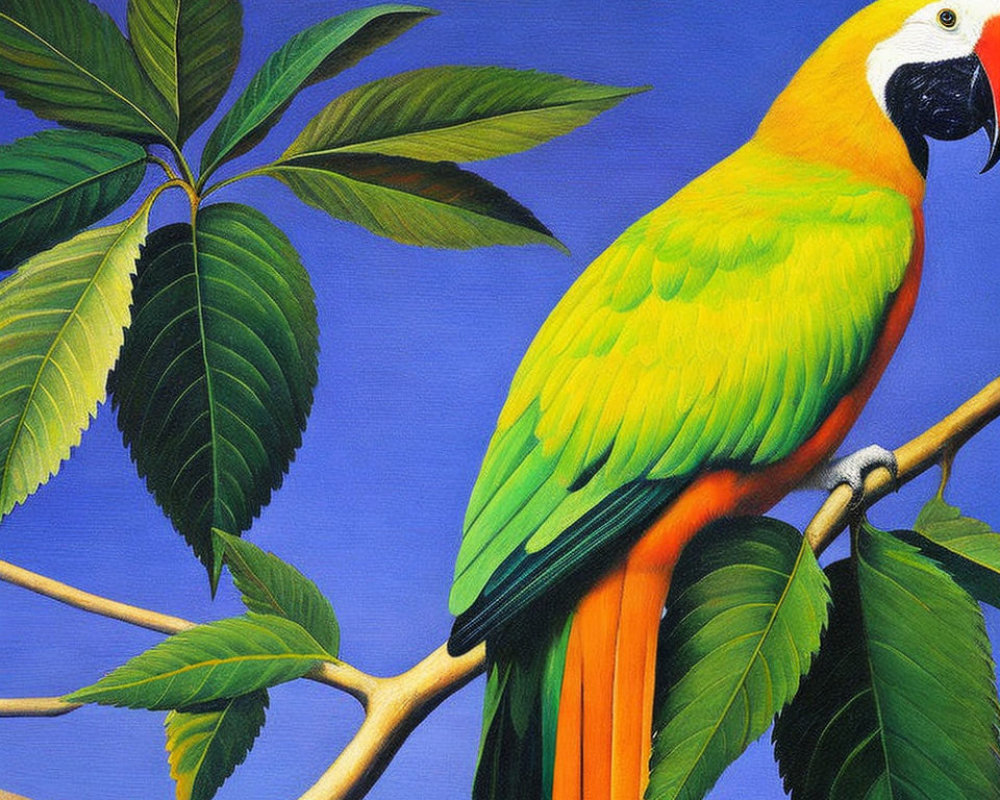 Colorful Parrot Painting on Tree Branch Against Blue Background