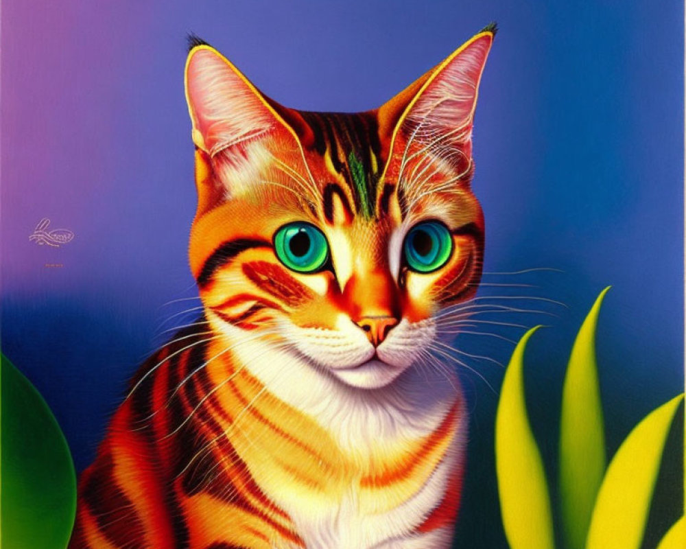 Colorful artistic portrayal of a cat with exaggerated features and bright green eyes on blue-purple background