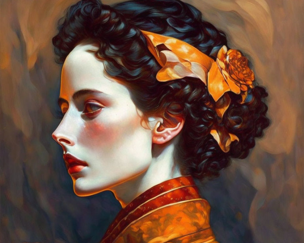 Portrait of woman with dark curly hair, bow, and orange scarf on dark background