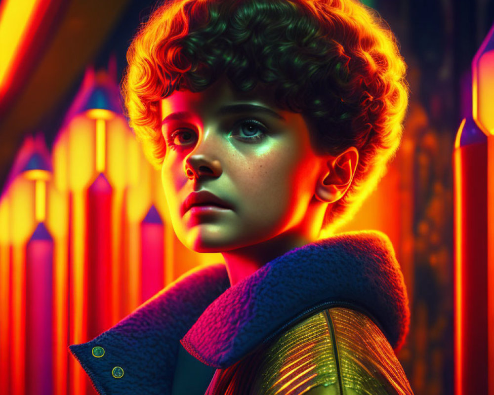 Child portrait under colorful neon lights with curly hair and fur collar jacket