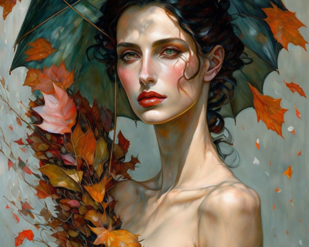Portrait of Woman with Autumn Leaf Umbrella and Serene Expression