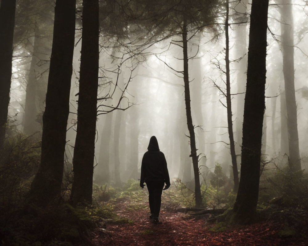 Solitary figure walking on red foliage path in misty forest