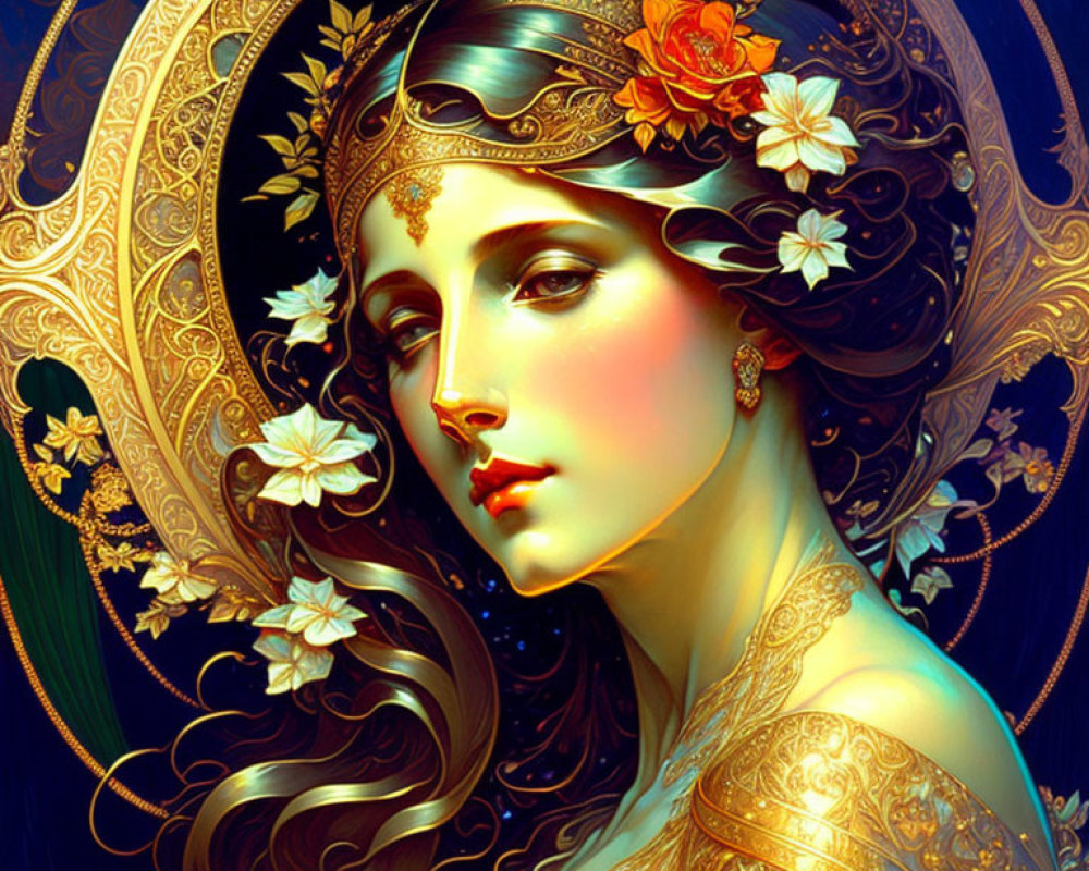 Art Nouveau Woman Illustration with Floral Headband and Gold Details