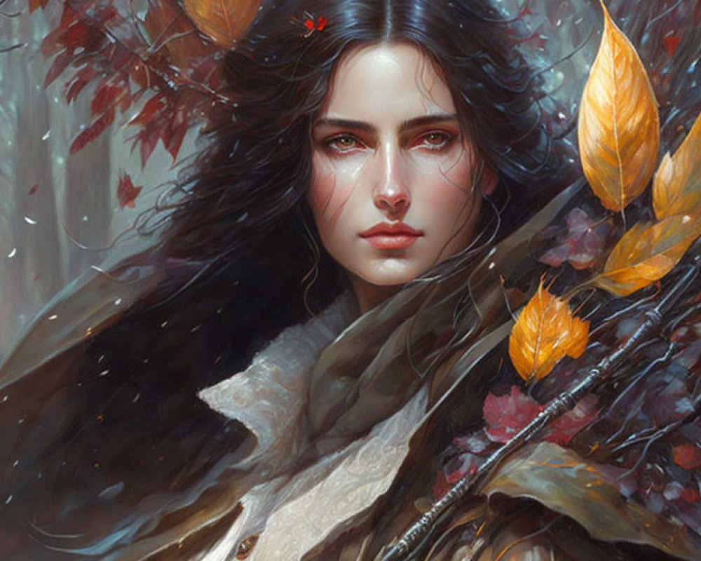 Digital painting of woman with dark hair in mystical autumn setting