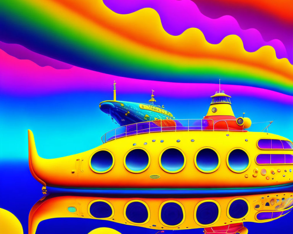 Colorful Psychedelic Yellow Submarine Artwork with Rainbows and Sea