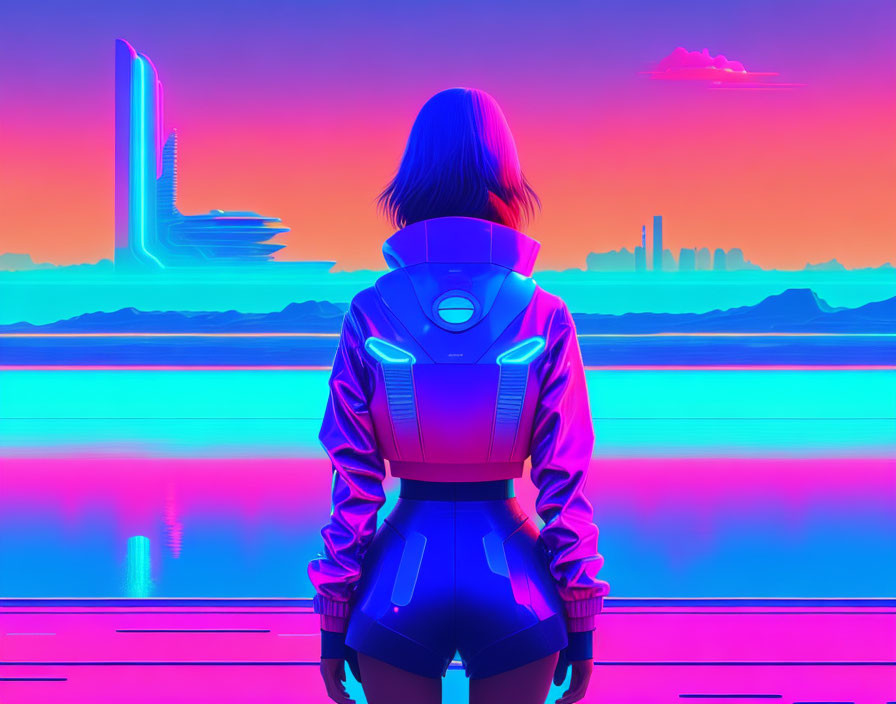 Futuristic suit in neon-lit landscape with skyscrapers and glowing sky