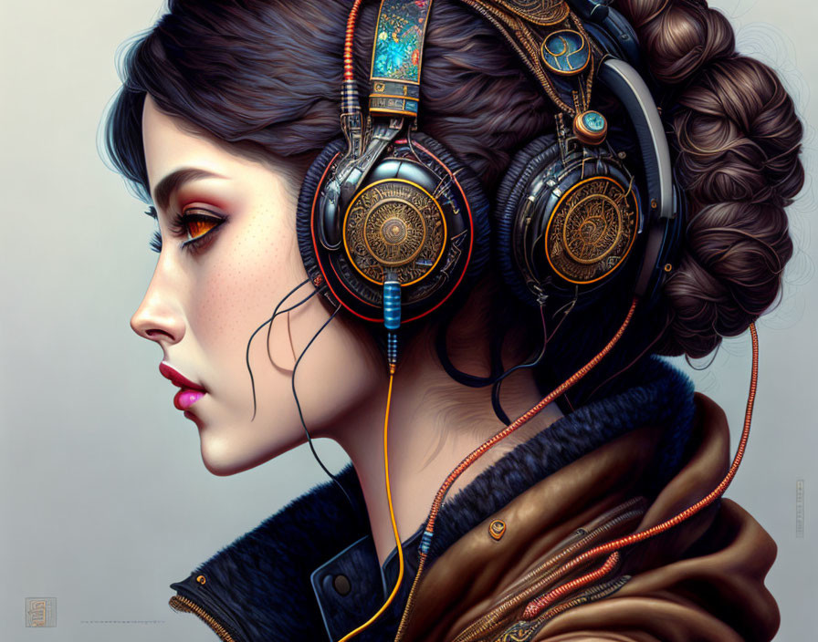 Digital art portrait of woman with steampunk-style headphones and bun hairstyle