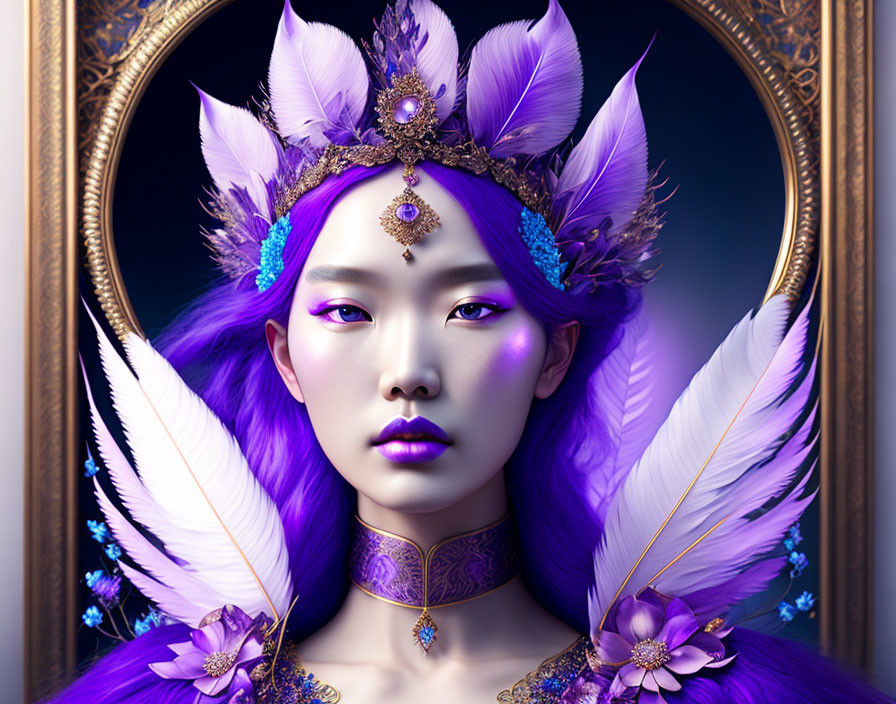 Digital portrait of woman with purple feather headdress in ornate golden frame