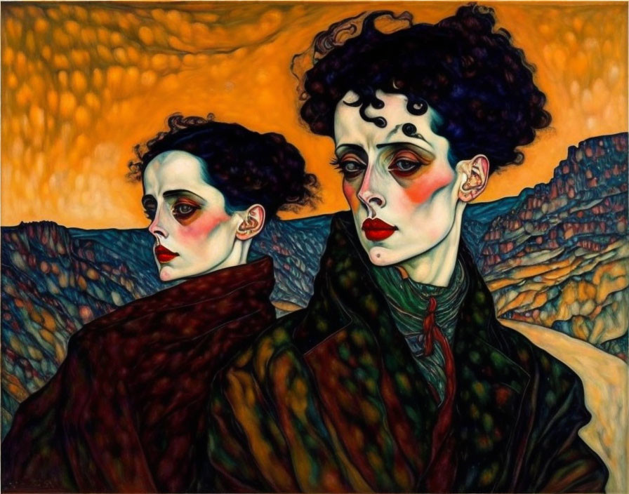 Stylized portraits with pale skin, dark hair, red lips, and cheeks against abstract orange and