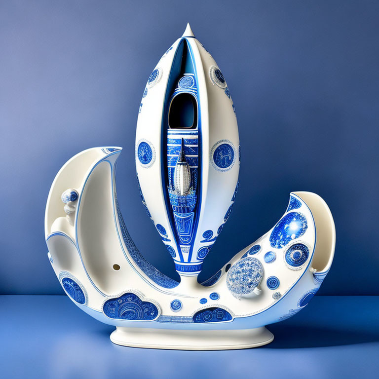 Stylized Porcelain Ship Sculpture with Blue Patterns