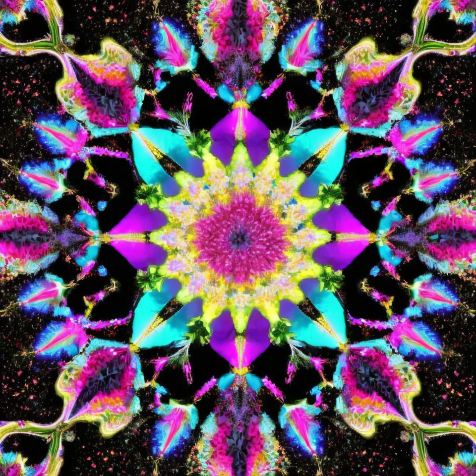 Colorful Symmetrical Kaleidoscope Pattern in Pink, Blue, and Green on Black