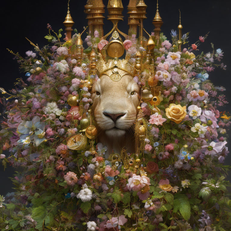 Regal lion head with golden jewelry among vibrant flowers