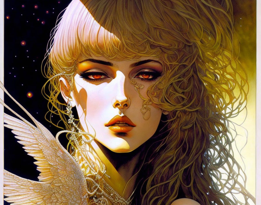 Detailed Illustration: Mythical Woman with Blonde Hair, Gold Jewelry, Angelic Wing, Starry