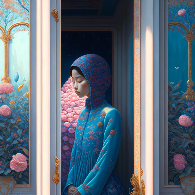 Woman in floral blue outfit at ornate doorway with pink hydrangea bush and starry sky.