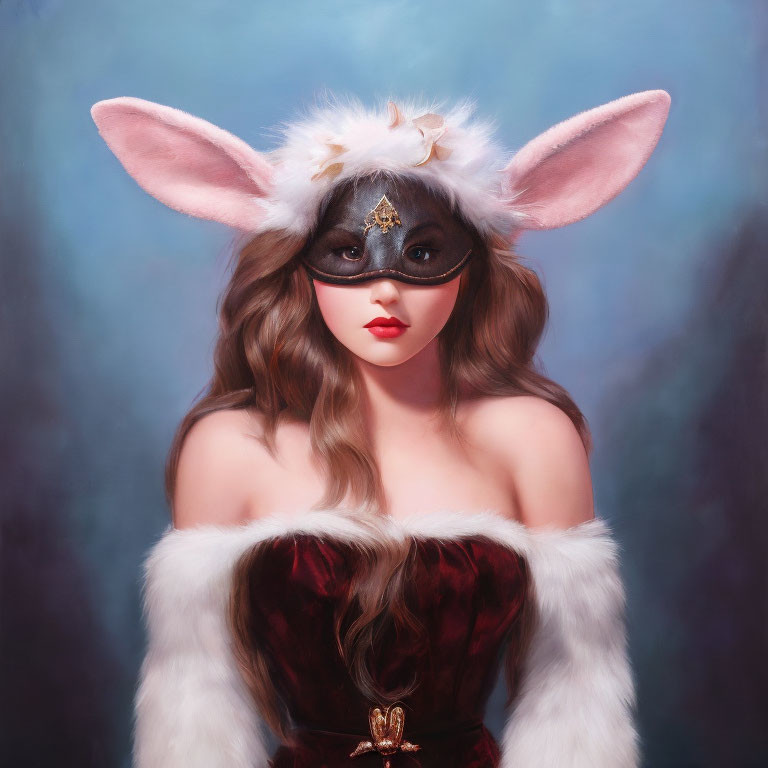 Burgundy Velvet Costume with Bunny Ears and Masquerade Mask on Misty Blue Background