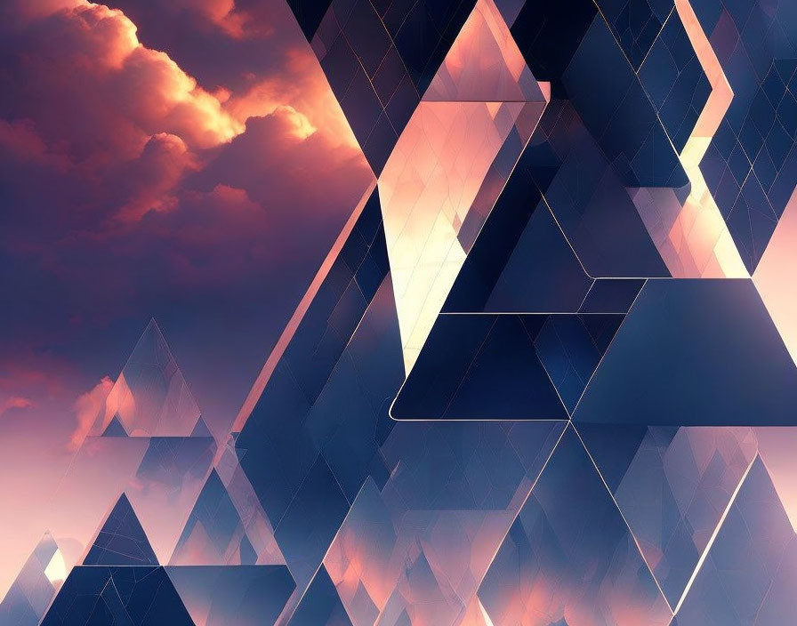 Geometric blue and pink triangles on cloudy sky backdrop