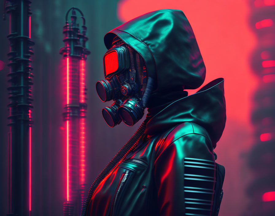 Person in black hood and gas mask against neon-red background with futuristic pipes and lights