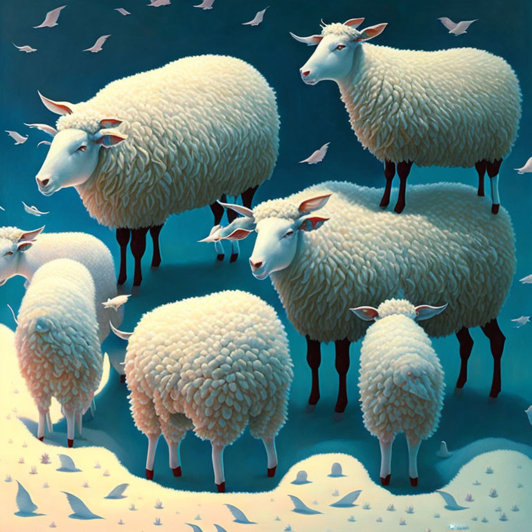 Surreal illustration of fluffy sheep with tiny legs and flying birds