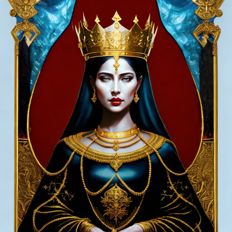 Regal woman in black and gold dress with crown on blue background