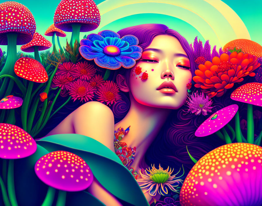 Colorful surreal artwork: Woman with floral motifs and mushrooms in radiant setting
