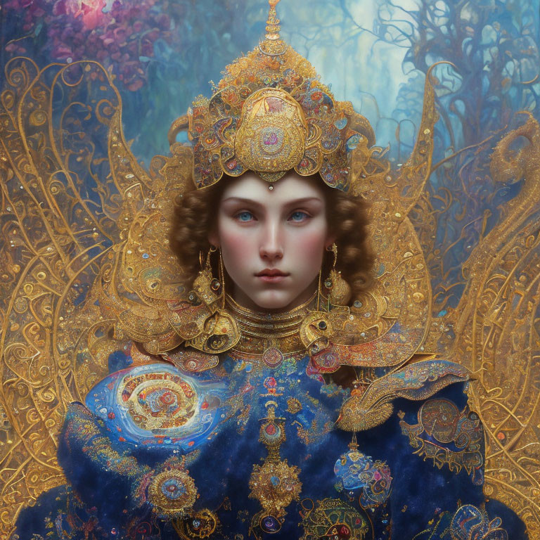 Elaborate Golden Headdress Woman in Blue and Gold Attire