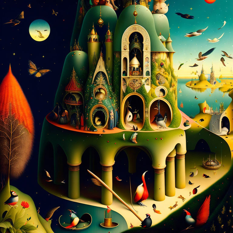 Colorful Illustration of Ornate Castle with Birds, Trees, and Celestial Elements
