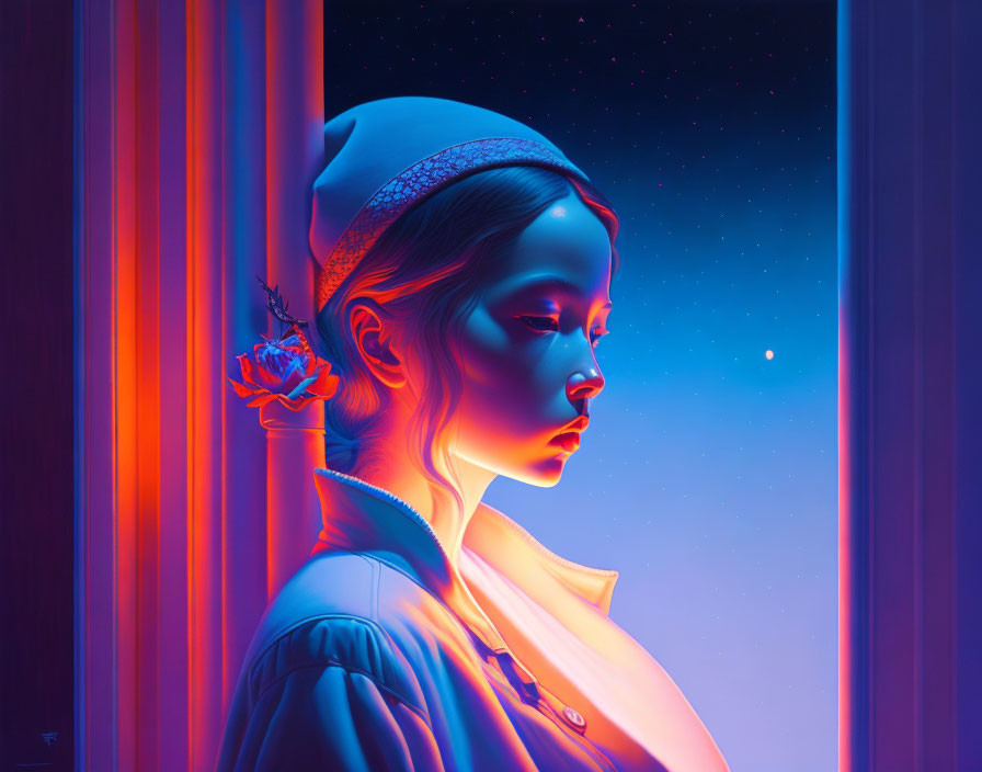 Woman with headscarf and flower in neon gradient light
