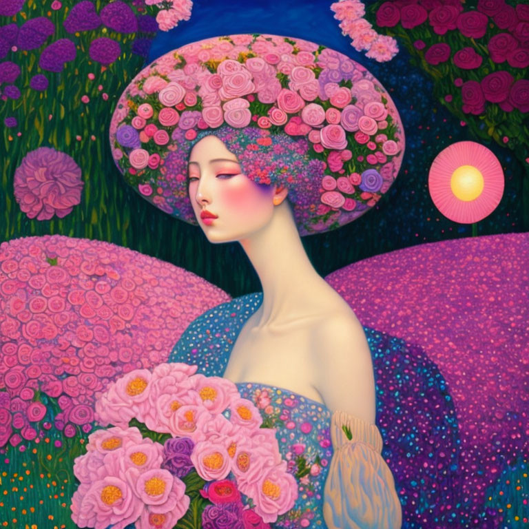Surreal portrait of woman with floral hat and vibrant flowers