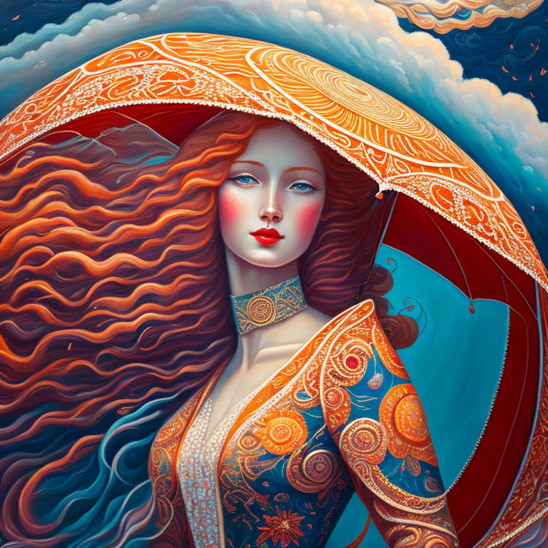 Stylized portrait of woman with red hair and ornate umbrella against cloudy backdrop