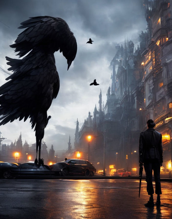 Futuristic cityscape at dusk with giant raven statue, flying birds, and dark cars