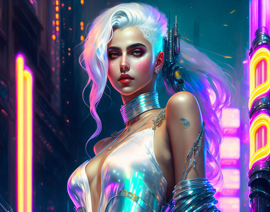 Futuristic woman with white hair and cybernetic enhancements in silver attire.