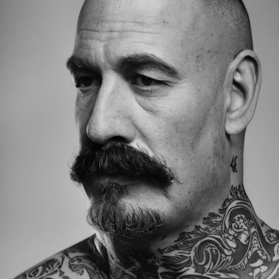 Bald Man with Thick Mustache and Neck Tattoos on Gray Background
