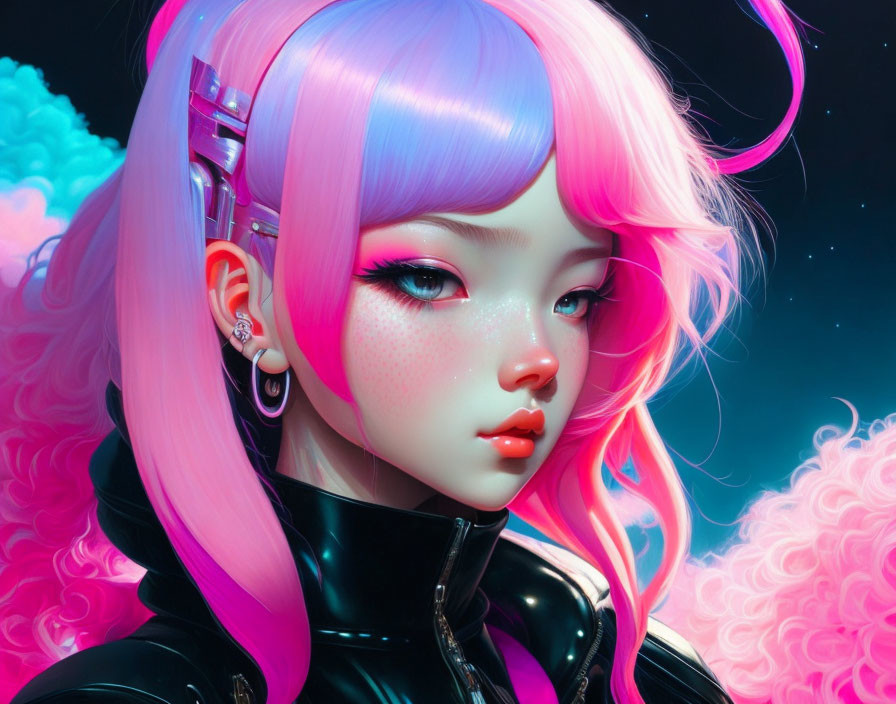 Digital artwork featuring girl with pink hair and futuristic headphones against vibrant sky and pink clouds