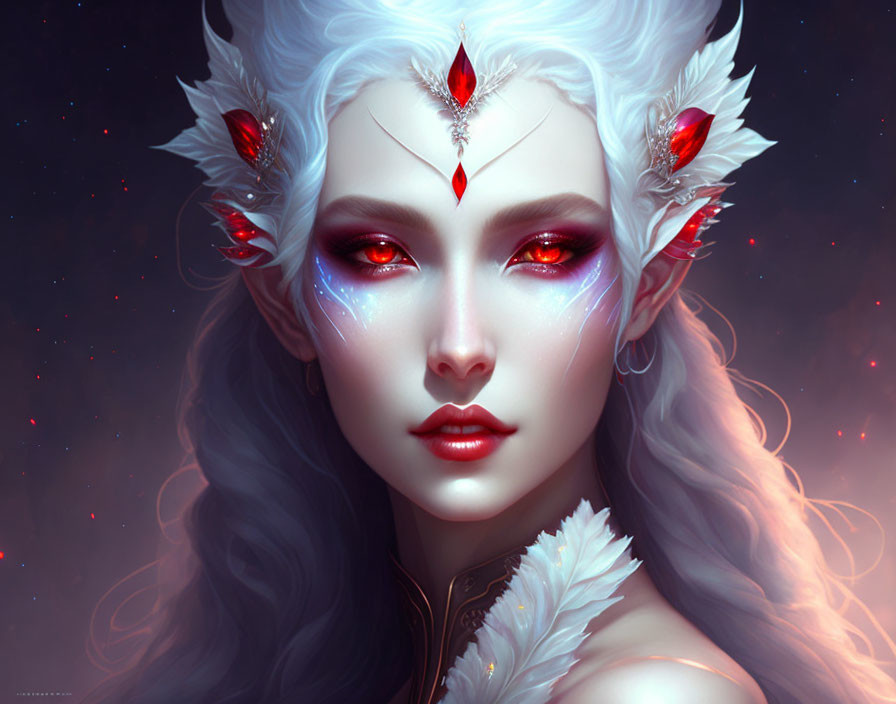 Fantasy portrait of female character with white hair and red eyes in ornate headdress