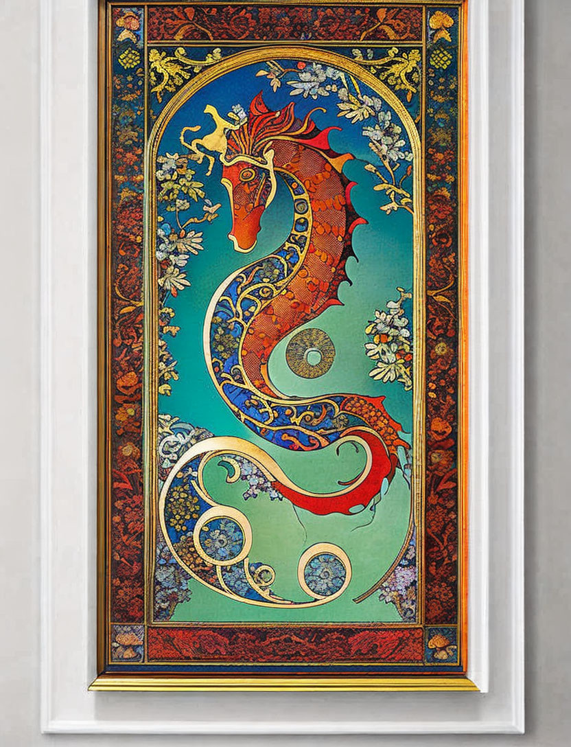 Mythical red dragon artwork with intricate patterns and floral motifs on turquoise background